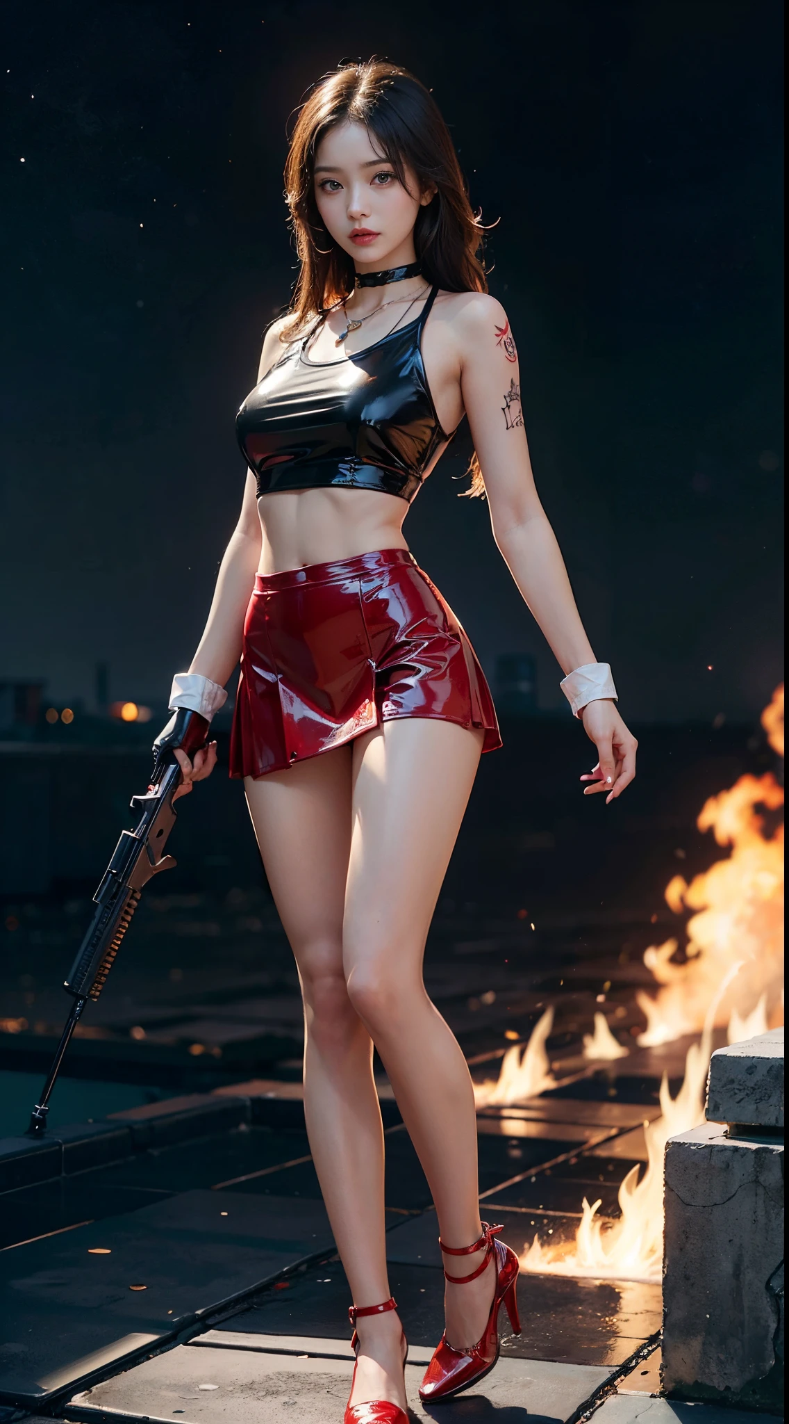 ((​masterpiece:1.4)、(top-quality:1.4)、(reallistic:1.7))、masuter piece:1.4、(Top-of-the-line rendering:1.4)、(Female SWAT member of the 73rd Division of the Space Federation:1.4)、Super Beautiful Investigator、(By Luis Royo:1.4)、(hold a gun:1.2)、Body Fit Sexy Uniform、(Glossy luxury latex:1.4)、(Navy blue sleeveless uniform jacket)、(Underwear White Sexy Super Ultra Bikini)、(Luxury Red Latex:1.4)、(Red pleated mini skirt:1.4)、22year old、(Cute tattoos:1.4)、(Wearing white gloves)、Kawaii Girl、Super beauty、foco nítido、Portrait photos、(Perfect female body:1.4)、perfectly proportions、Full body shooting:1.4、美丽的面容、Fearless look、beautidful eyes、Narrow waist、beauty legs、(length hair:1.2)、Beautiful udder、large full breasts:1.2、Sexy ass、(Standing facing the front:1.4)、Raw photo、red-lips、Red high heels:1.4、a choker:1.4、a necklace:1.4、耳环:1.4、1 screen display、Beautiful night view of Cyberpunk City:1.2