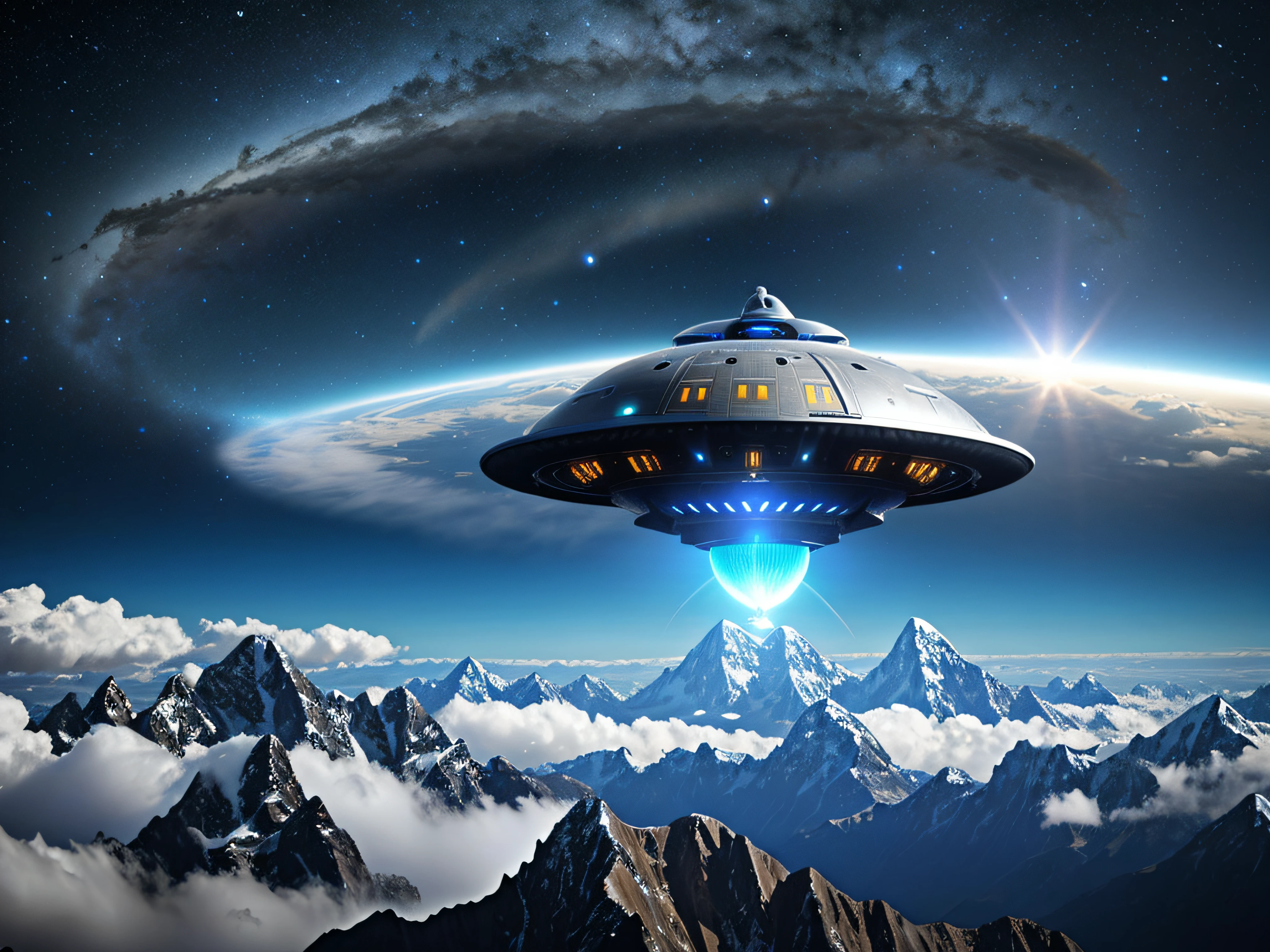 spaceship flying over a Illimani mountain in the Inca land with a valley in the background, alien mothership in the sky, alien spaceship in the sky, ufo landing, of a ufo propulsion , ufo attack, the ufo over the city, an intact ancient alien ship, ancient alien portal, depicted as a scifi scene, space ship above an island, alien space ship flying in space