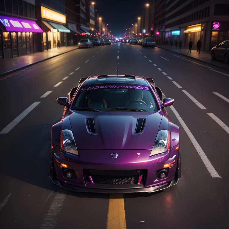 dark purple nissan 350z in a neon city at night, shot with a sony mirrorless, 35mm, photography, cinematic, anti-aliasing, CGI,