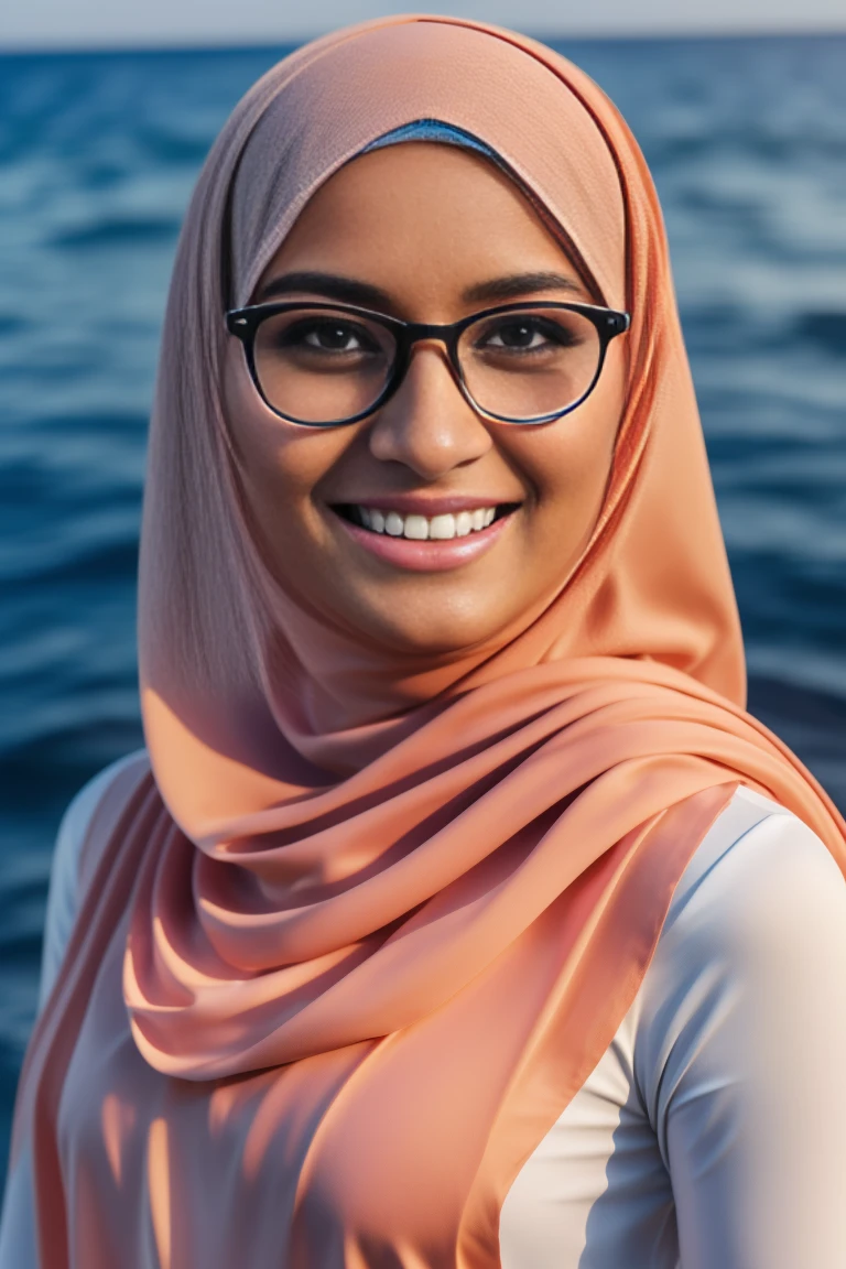 ultra realistic,16k, enhanced quality, perfect face, perfect hands, perfect body, ultra detailed, perfect hair, girl wearing glasses, perfect glasses, perfect smile, girl wearing perfect hijab, ultra realistic particles, perfect duck lips, Islamic hijab, leaning on the back of a Mercedes C-300 by the sea, ultra realistic Mercedes-Benz C300, ultra realistic sea. extra detailed information, full width and height image.