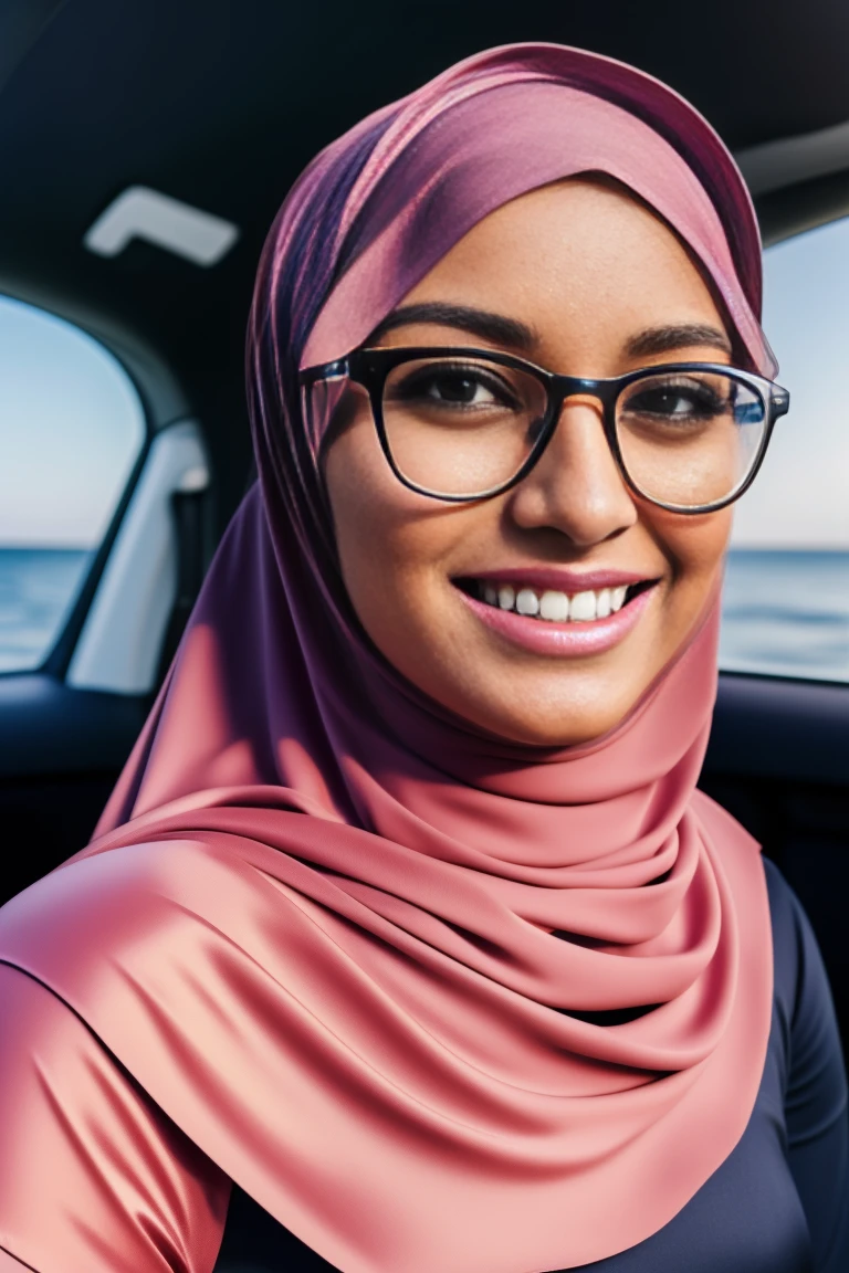 ultra realistic,16k, enhanced quality, perfect face, perfect hands, perfect body, ultra detailed, perfect hair, girl wearing glasses, perfect glasses, perfect smile, girl wearing perfect hijab, ultra realistic particles, perfect duck lips, Islamic hijab, leaning on the back of a Mercedes C-300 by the sea, ultra realistic Mercedes-Benz C300, ultra realistic sea. extra detailed information, full width and height image.