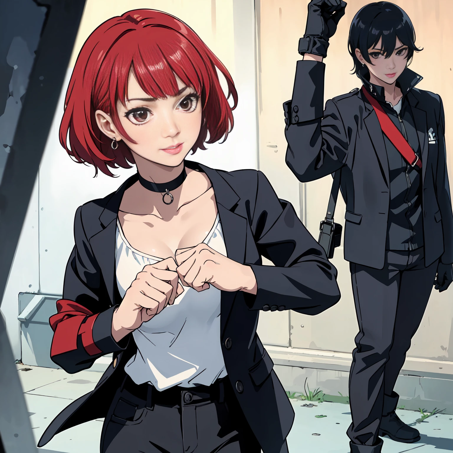 delinquent, (sukeban), mature_female, blush, mature, older woman, 25 years old, Sukeban teacher outfit, (1girl, solo female, solo, solo focus)++++,choker, sukeban school teacher, long_sleeves, open jacket, blue jacket, pants, jean, light skin tone female, full body, jacket, biker jacket, tape, arm_support, gloves, red_gloves, bridal gauntlets, nail polish, boots, hioots, black_footwear, fighter outfitfull body, hourglass, mature face, cheeky smile, cheeky face, wrinkles, (red hair, short hair, bob cut, earrings, ear piercings), red eyes, realistic, (fighting art, Martial arts, standing, fighting_stance, fight, fighting), extra colors, 2D, megapixel, perfectionism, accent lighting, full HD , (Masterpiece:1.2), (full-body-shot:1),(cowboy shot:1.2), (Highly detailed:1.2),(Detailed Face:1.2), Colorful, A detailed eye, (Detailed landscape:1.2), (natural lighting:1.2), ((sukeban school teacher)) by Vincent Di Fate: Aidyllery, Anamorphic Shot, , rule of thirds, face by Artgerm and WLOP,