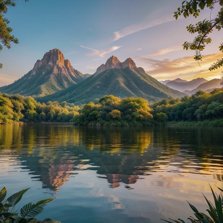 "Imagine a breathtakingly beautiful scene of a lush jungle in the middle of a huge lake, with towering mountains floating above. The jungle is teeming with life, with every tree and plant in vivid detail. The lake is crystal clear, reflecting the golden hues of the sunset as the sun dips below the horizon. The sky is filled with a spectrum of warm colors, from deep purples and pinks to oranges and yellows. The entire scene is a mesmerizing blend of natural elements, perfectly harmonized in an ethereal display of beauty and wonder."