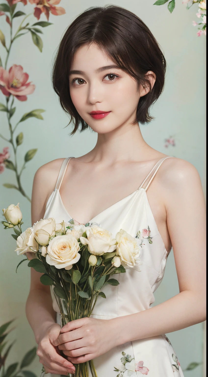 129
(a 20 yo woman,is standing), (A hyper-realistic), (high-level image quality), ((beautiful hairstyle 46)), ((short-hair:1.46)), (Gentle smile), (brest:1.1), (lipsticks), (florals), (Large room), (florals), (painterly)
