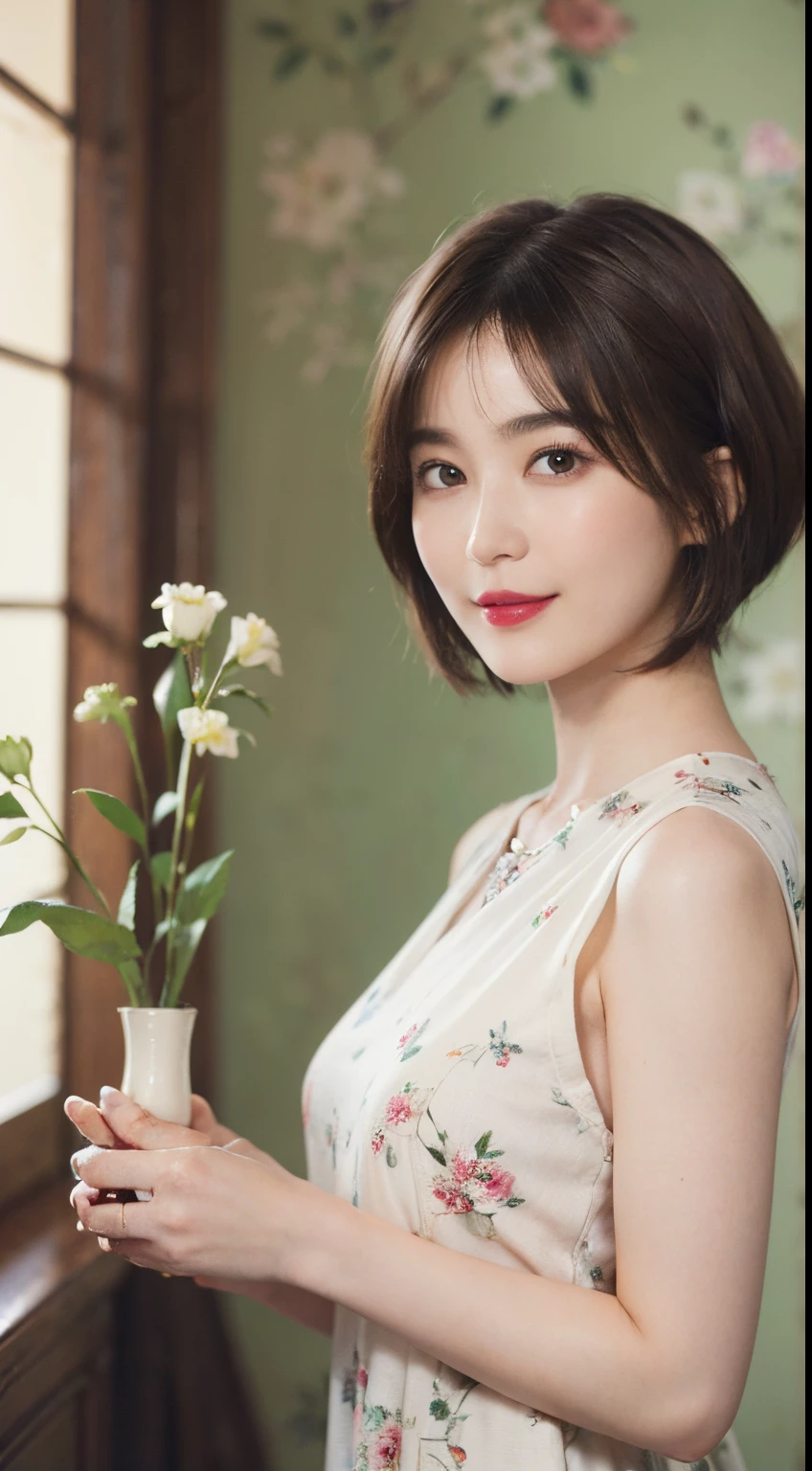 129
(a 20 yo woman,is standing), (A hyper-realistic), (high-level image quality), ((beautiful hairstyle 46)), ((short-hair:1.46)), (Gentle smile), (brest:1.1), (lipsticks), (florals), (Large room), (florals), (painterly)