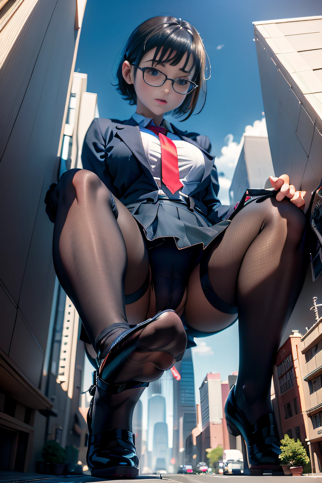 giantess art, a hyperrealistic schoolgirl, , highly detailed giantess shot, der riese, Shorthair, Black pantyhose, Giant high school girl that exceeds a skyscraper。Wearing rimless glasses。Colossal tits。Navy blue blazer、Red tie、Mini Length Skirt、Black pantyhose、Pantyhose sole、Pantyhose Toe、hands off shoes。very small metropolis。My crotch is pressed against the corner of a miniature building.。Horn masturbation。Full body depiction。gigagts, der riese, Black pantyhose, Pantyhose legs, Pantyhose feet, ,crash city, Small town, micro city, build sex,
