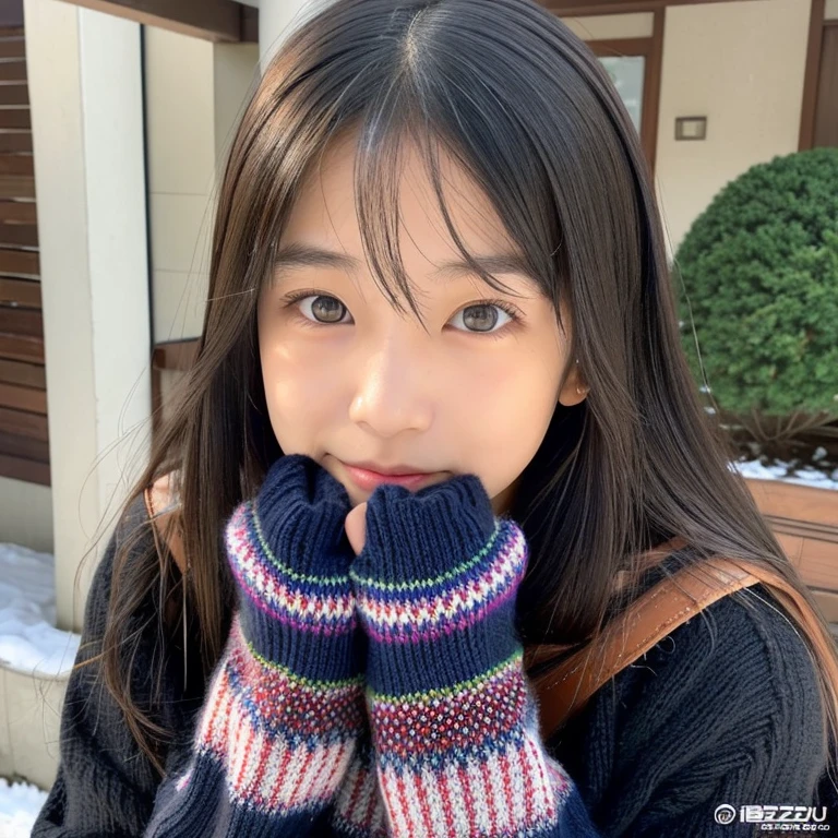 An ultra-high picture quality、Perfect Photo、 beautiful girl、Japan beautiful girl、hi-school girl、light skinned、slender、Black Haired Beautiful Girl、cute little、Beautuful Women、Forehead、brow、My nose turned red from the cold、（tiny chest）、breathe into your hands、((Nokezoru))、Colorful winter clothes、Wear a sweater、muffler、Knitted gloves、No bangs、Knitted Cap、((rampage))、((It hurts a lot))、(hate)、(Painful)、(resist)、(half-opened mouth)、(Resist fiercely)、terrifying、sports hair、Straight hair、glares、semi long hair、(Teary-eyed)、Bedrooms、