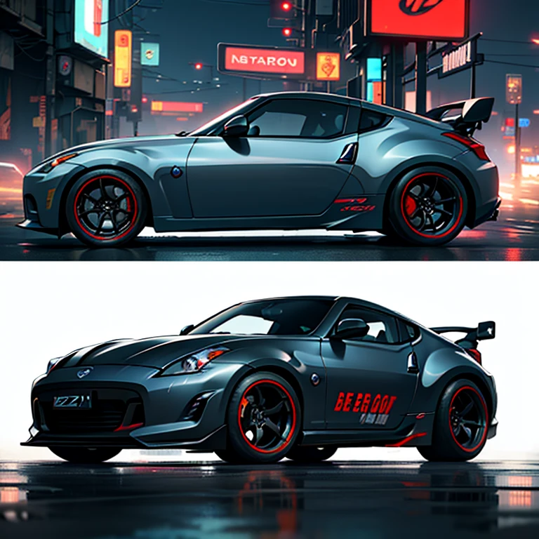 Nissan 370z (cyberpunk city), black colored neons, widebody kit, road background, top image details, fully detailed, car (solo)
