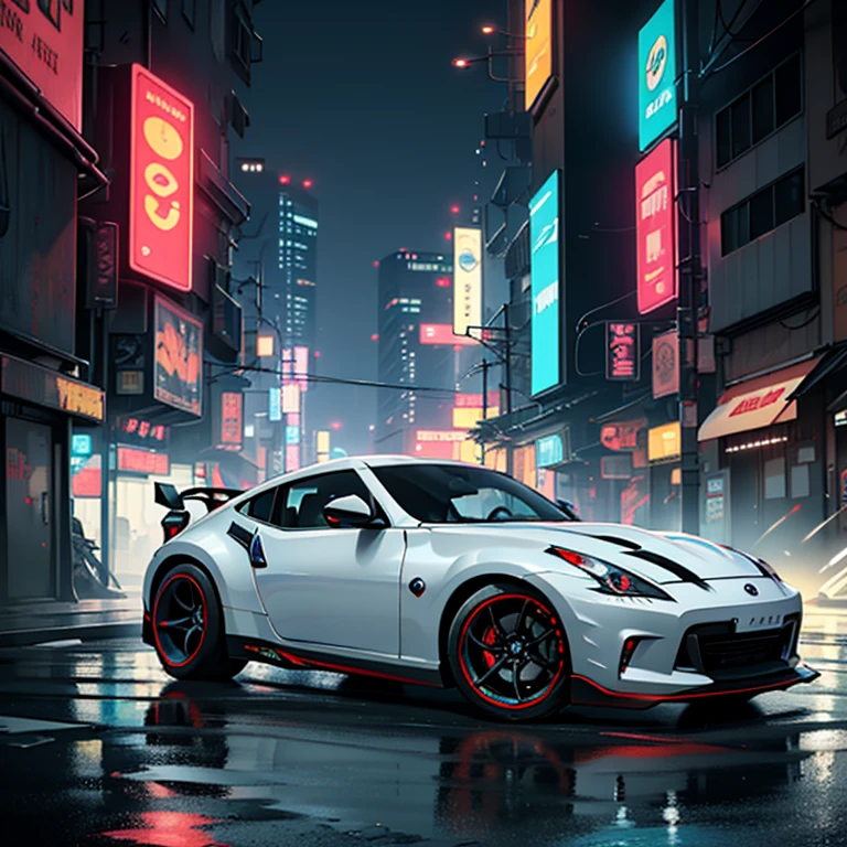 Nissan 370z (cyberpunk city), black colored neons, widebody kit, road background, top image details, fully detailed, car (solo)