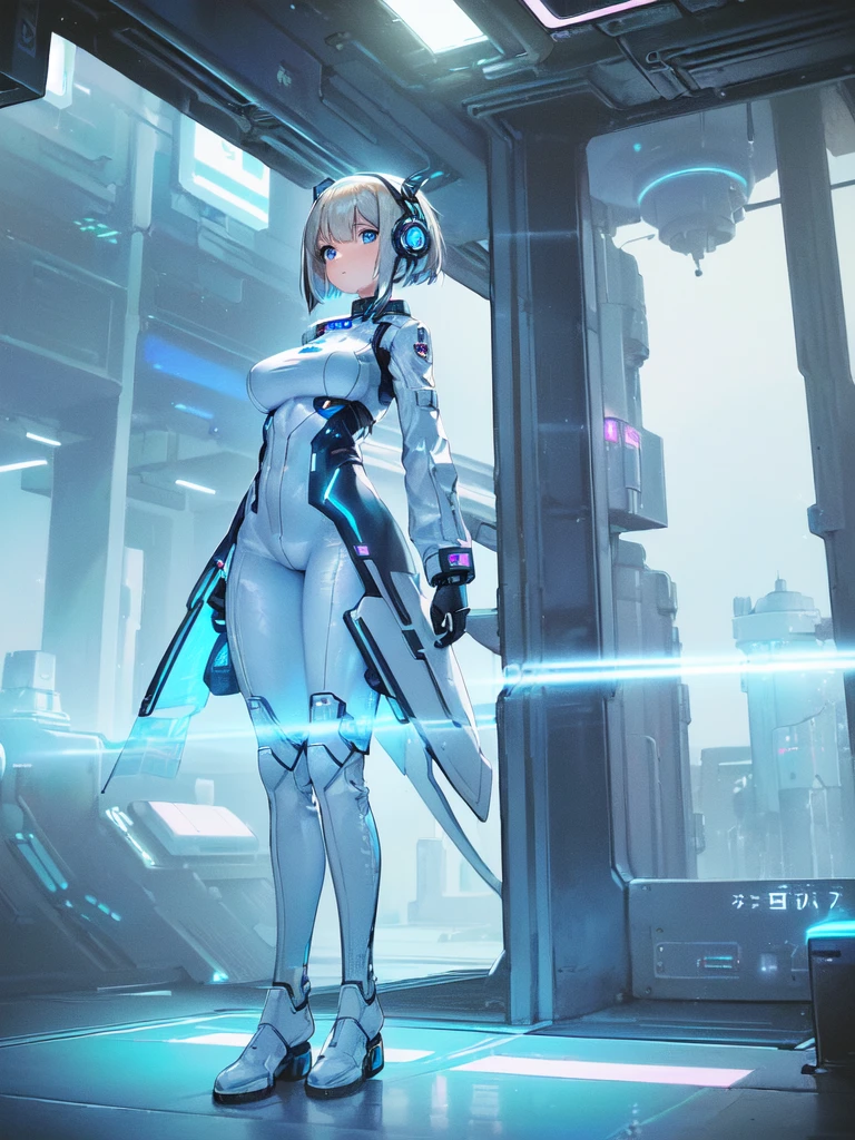 masterpiece:1.4, 1girl in ((20yr old, Wearing a futuristic white and silver costume, Tight Fit Bodysuit, long boots, Very gigantic-breasts, Multicolored blonde hair, a short bob, Perfect model body, Blue eyes:1.2, Wearing headphones, Looking out the window of the futuristic sci-fi space station、While admiring the beautiful galaxy:1.2, SFSF control room on night background:1.1, Neon and energetic atmosphere:1.2)) ((Galaxy))