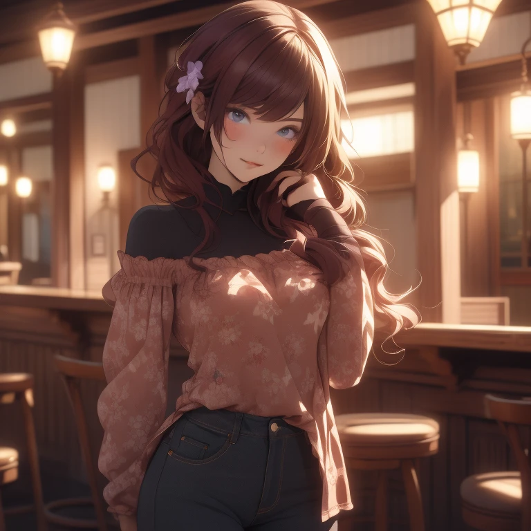 charismatic jeans, , by sakimichan, anime figure, gorgeous, beautiful cute face, perfect eyes, ((cowboy-shot)) close-up of a girl villain, drinking an wine on a bar at night, action film, detailed, gorgeous and , realistic shadows and lighting, neon lights, glowing lights, country music, party night, 2 girls, Raiden shogun , Yae Miko, sexual pose, looking lusty, drunk, Raiden holding yae miko, kissing her neck, ,