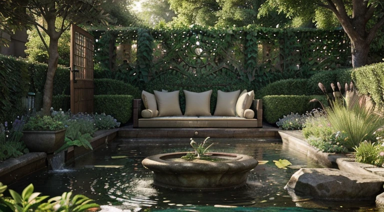 "Create a breathtaking garden sanctuary with a luxurious mahmal sofa that boasts intricate design and highly detailed textures. The garden should be rendered in hyper-realistic detail, with cinematic lighting that highlights every intricate detail in the plants and the water. The scene should be captured in UHD 3D with a Vray render, and feature photorealistic visuals that transport the viewer to this tranquil oasis. The garden should be surrounded by majestic trees that filter the sunlight, creating a natural HDR effect. The resulting image should be a stunning 8K masterpiece that invites the viewer to escape into this world of serene beauty and relaxation."