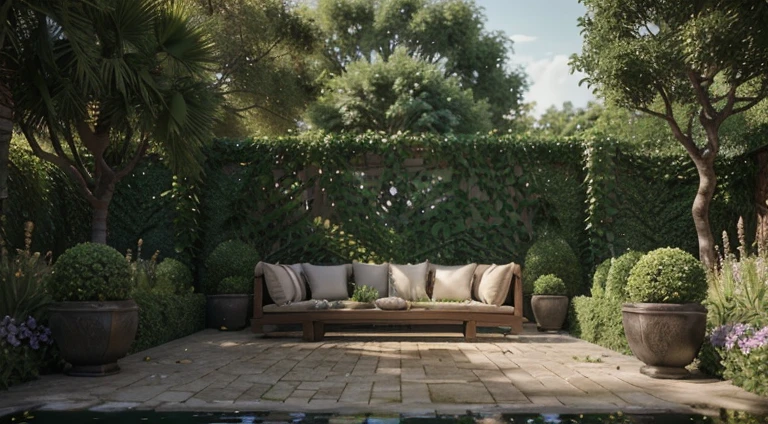 "Create a breathtaking garden sanctuary with a luxurious mahmal sofa that boasts intricate design and highly detailed textures. The garden should be rendered in hyper-realistic detail, with cinematic lighting that highlights every intricate detail in the plants and the water. The scene should be captured in UHD 3D with a Vray render, and feature photorealistic visuals that transport the viewer to this tranquil oasis. The garden should be surrounded by majestic trees that filter the sunlight, creating a natural HDR effect. The resulting image should be a stunning 8K masterpiece that invites the viewer to escape into this world of serene beauty and relaxation."