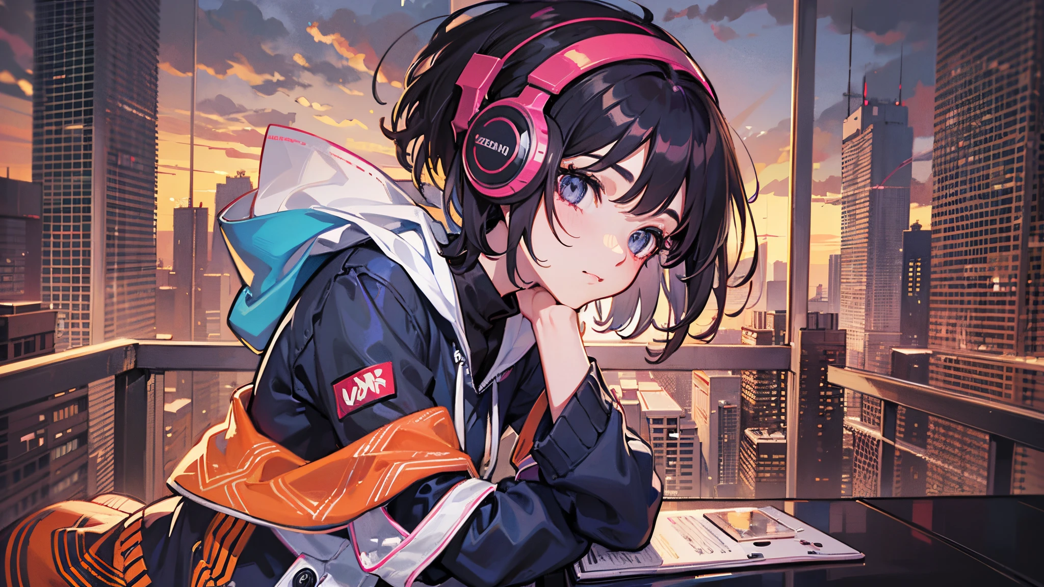 1Woman only sitting at a table with headphones, Sunset, African American, a book, lofi girl, Lofi Art, ZERO art style, Lofi Feel, Lofi Portrait, lofi colors, ZERO, lo-fi art, lofi vibes, lofi vibe, Hip Hop Lofi, Satoshi may art style, Lofi girl aesthetic --auto --s2
