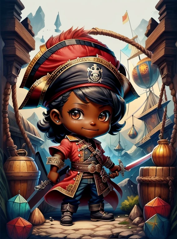 (cute black  pirate smiling with sword and treasure trunk) stylized identical to 1940 |)), acolchoamento ,multidimensional geometric wall PORTRAIT, arte, Chibi,
Yang016K, lindo,(( cor vermelha predominante, rosa e branco))
Primary works, qualidade superior, melhor qualidade, Arte Oficial, Lindo e Estetaduardo Kobra acolchoamento ,multidimensional geometric wall PORTRAIT, arte, Chibo,detalhes