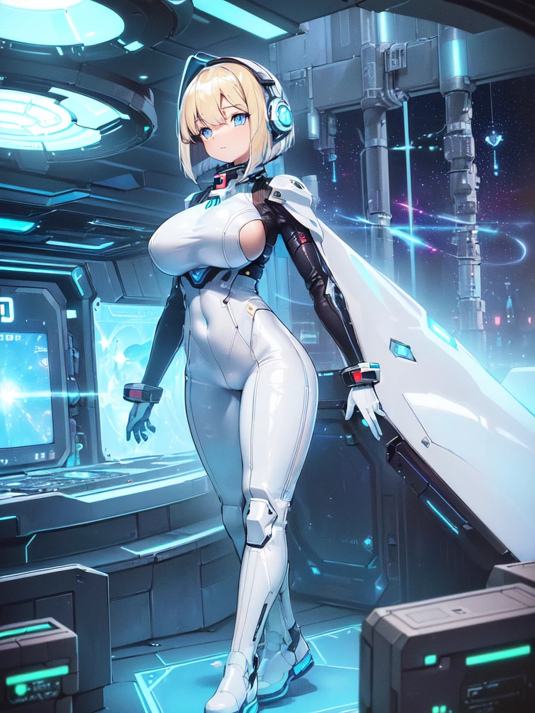 ​masterpiece:1.4, 1girl in ((20yr old, Wearing a futuristic white and silver costume, Tight Fit Bodysuit, long boots, Very gigantic-breasts, Multicolored blonde hair, a short bob, Perfect model body, Blue eyes:1.2, Wearing headphones, Looking out the window of the futuristic sci-fi space station、While admiring the beautiful galaxy:1.2, SFSF control room on night background:1.1, Neon and energetic atmosphere:1.2)) ((Galaxy))