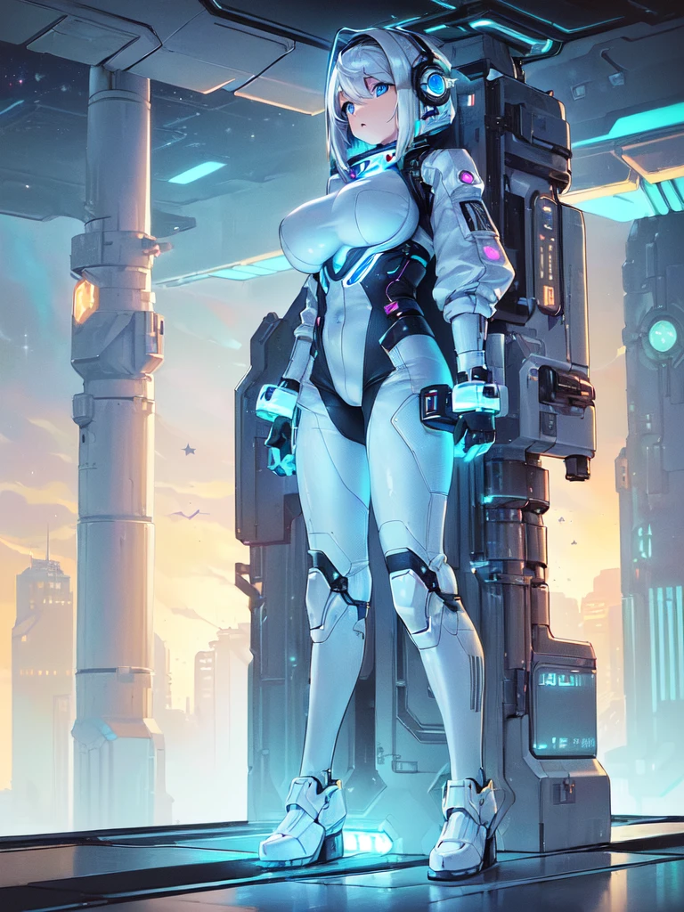 ​masterpiece:1.4, 1girl in ((20yr old, Wearing a futuristic white and silver costume, Tight Fit Bodysuit, long boots, Very gigantic-breasts, Multicolored blonde hair, a short bob, Perfect model body, Blue eyes:1.2, Wearing headphones, Looking out the window of the futuristic sci-fi space station、While admiring the beautiful galaxy:1.2, SFSF control room on night background:1.1, Neon and energetic atmosphere:1.2)) ((Galaxy))