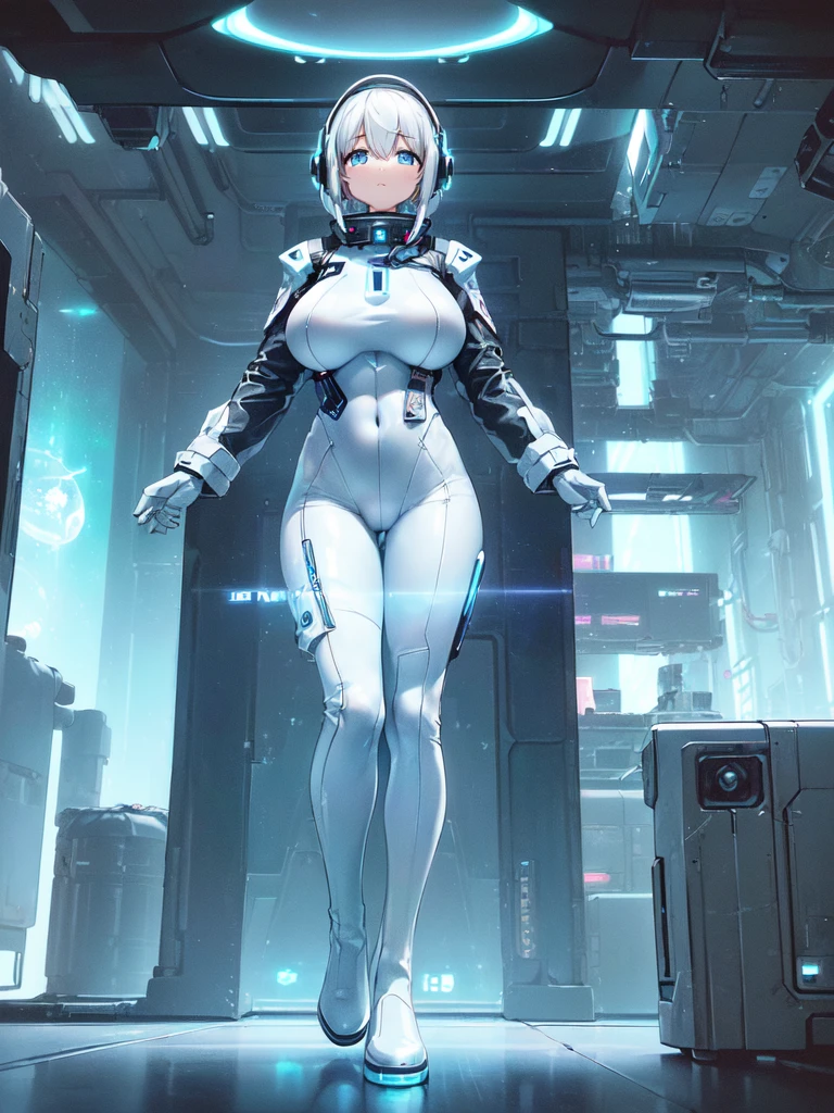 masterpiece:1.4, 1girl in ((20yr old, Wearing a futuristic white and silver costume, Tight Fit Bodysuit, long boots, Very gigantic-breasts, Multicolored blonde hair, a short bob, Perfect model body, Blue eyes:1.2, Wearing headphones, Looking out the window of the futuristic sci-fi space station、While admiring the beautiful galaxy:1.2, SFSF control room on night background:1.1, Neon and energetic atmosphere:1.2)) ((Galaxy))