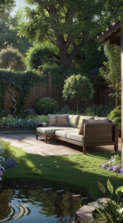 "Create a breathtaking garden sanctuary with a luxurious mahmal sofa that boasts intricate design and highly detailed textures. The garden should be rendered in hyper-realistic detail, with cinematic lighting that highlights every intricate detail in the plants and the water. The scene should be captured in UHD 3D with a Vray render, and feature photorealistic visuals that transport the viewer to this tranquil oasis. The garden should be surrounded by majestic trees that filter the sunlight, creating a natural HDR effect. The resulting image should be a stunning 8K masterpiece that invites the viewer to escape into this world of serene beauty and relaxation."