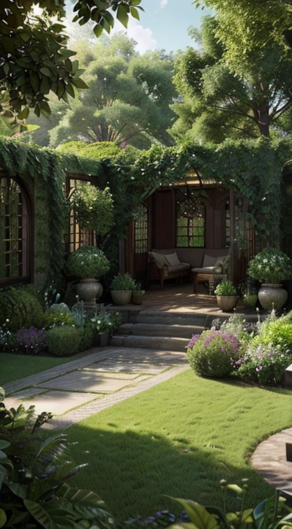 "Create a breathtaking garden sanctuary with a luxurious mahmal sofa that boasts intricate design and highly detailed textures. The garden should be rendered in hyper-realistic detail, with cinematic lighting that highlights every intricate detail in the plants and the water. The scene should be captured in UHD 3D with a Vray render, and feature photorealistic visuals that transport the viewer to this tranquil oasis. The garden should be surrounded by majestic trees that filter the sunlight, creating a natural HDR effect. The resulting image should be a stunning 8K masterpiece that invites the viewer to escape into this world of serene beauty and relaxation."
