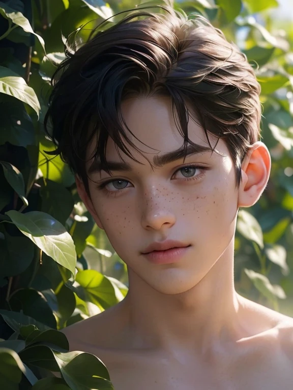 (cute boy:1.1,Posing :1.1,Photorealistic:1.37), (Best Quality,4k,8K,hight resolution,Masterpiece:1.2), Ultra-detailed, Realistic:1.37, Professional, Vivid colors, bokeh, sharp-focus, physical based rendering, Young, Slim, Slender, definition of light muscles, childish, , studio lightning, Lush greenery, playful expression, Innocent eyes, freckles, Soft skin, Gentle sunlight, Morning dew, Subtle shadows, warm color palette