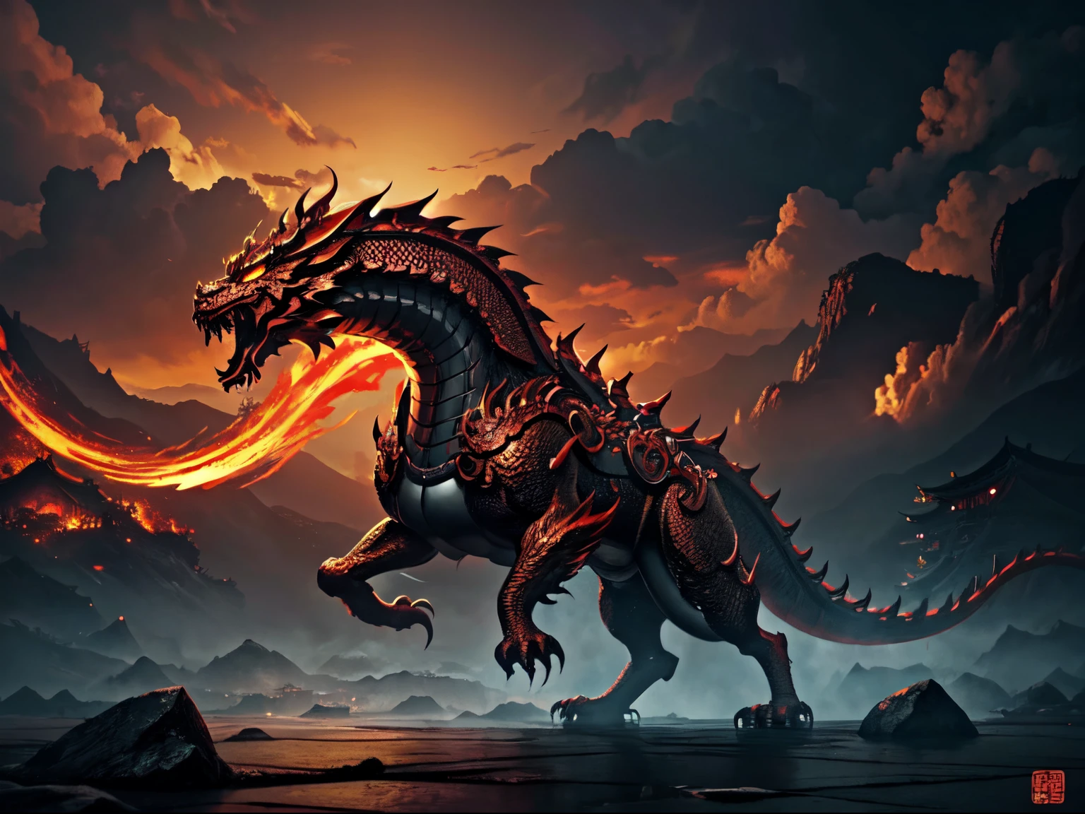 china style，Chinese mythology，Chinese golden dragon，tosen，Ferocious，immensity，Eyes glow red，glow effect，Surrounded by clouds，dark cloudy，Full body scene in the middle background， Highly detailed surreal VFX，OC rendering，