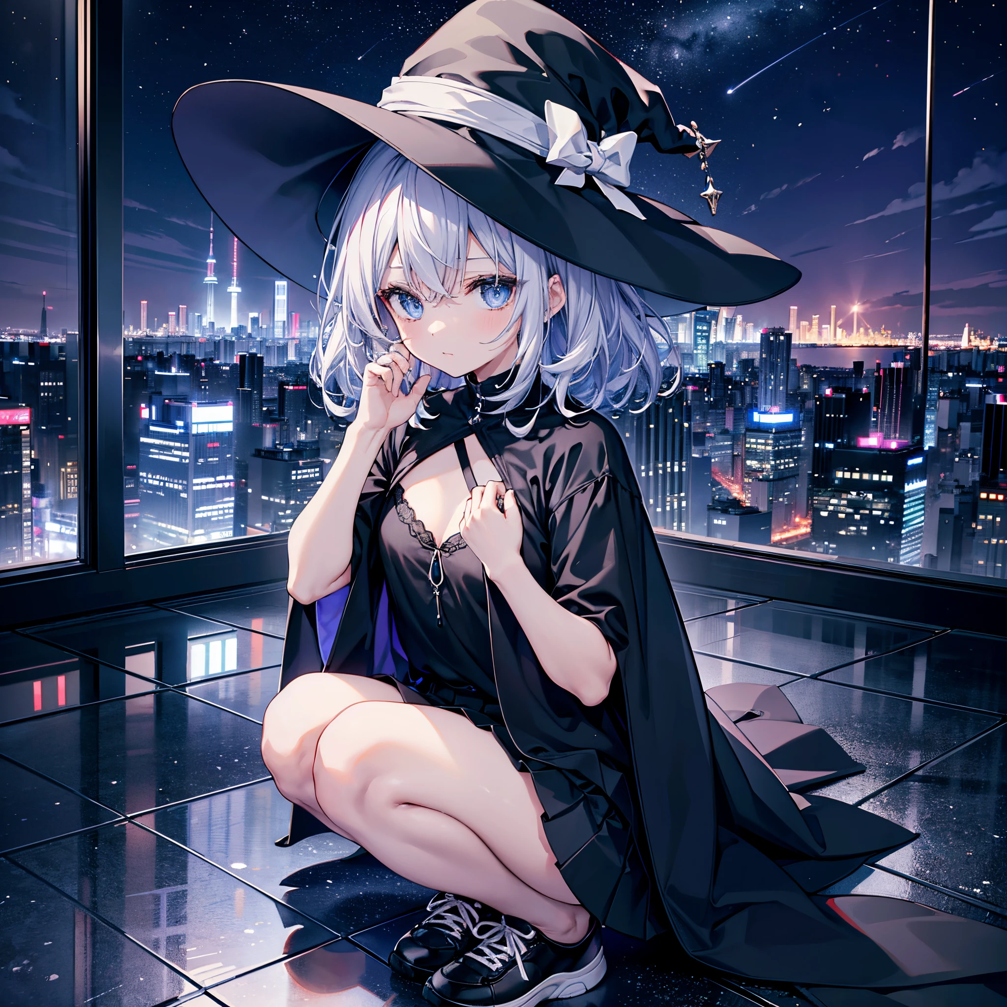 This is the rooftop of a skyscraper in Tokyo.、It&#39;s late at night now.、You can see the night view of many low buildings in the background.、Photograph her from above、Small moon and starry sky、You can see the beautiful sea with the moonlight reflecting in the distance.、Photograph her from an angle of 45 degrees above、One 27-year-old woman with small breasts、She wears a large black witch hat with sapphire accessories、Medium short silver hair with reddish-purple mesh、He is looking at me with a cool face and confused eyes.、Blue eyes with highlights、She is wearing a long black coat over a white t-shirt、White camisole、White bra、White bath towel、Black pleated skirt、Black sneakers with white shoelaces、small tits、discreet breasts、full-shot、hiquality、High Details、high-level image quality、4K picture quality、beatiful backgrounds
