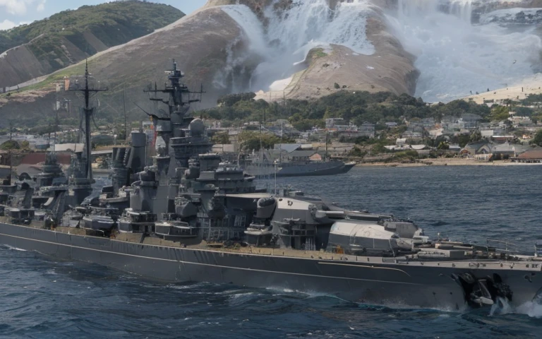 Close-up of a large battleship on the water, warships, Realistic warship design, battleship, warships, The very detailed, hyper-high detail, extremely detaile, hyper-high detail, the ultra-detailed!, 超詳細, Very very high detailed, naval background, RB 6 s, RB6S, the ultra-detailed, hyper-high detail