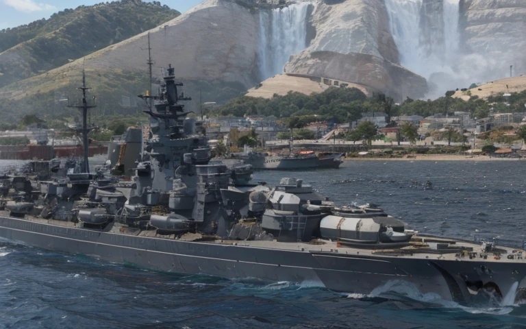 Close-up of a large battleship on the water, warships, Realistic warship design, battleship, warships, The very detailed, hyper-high detail, extremely detaile, hyper-high detail, the ultra-detailed!, 超詳細, Very very high detailed, naval background, RB 6 s, RB6S, the ultra-detailed, hyper-high detail