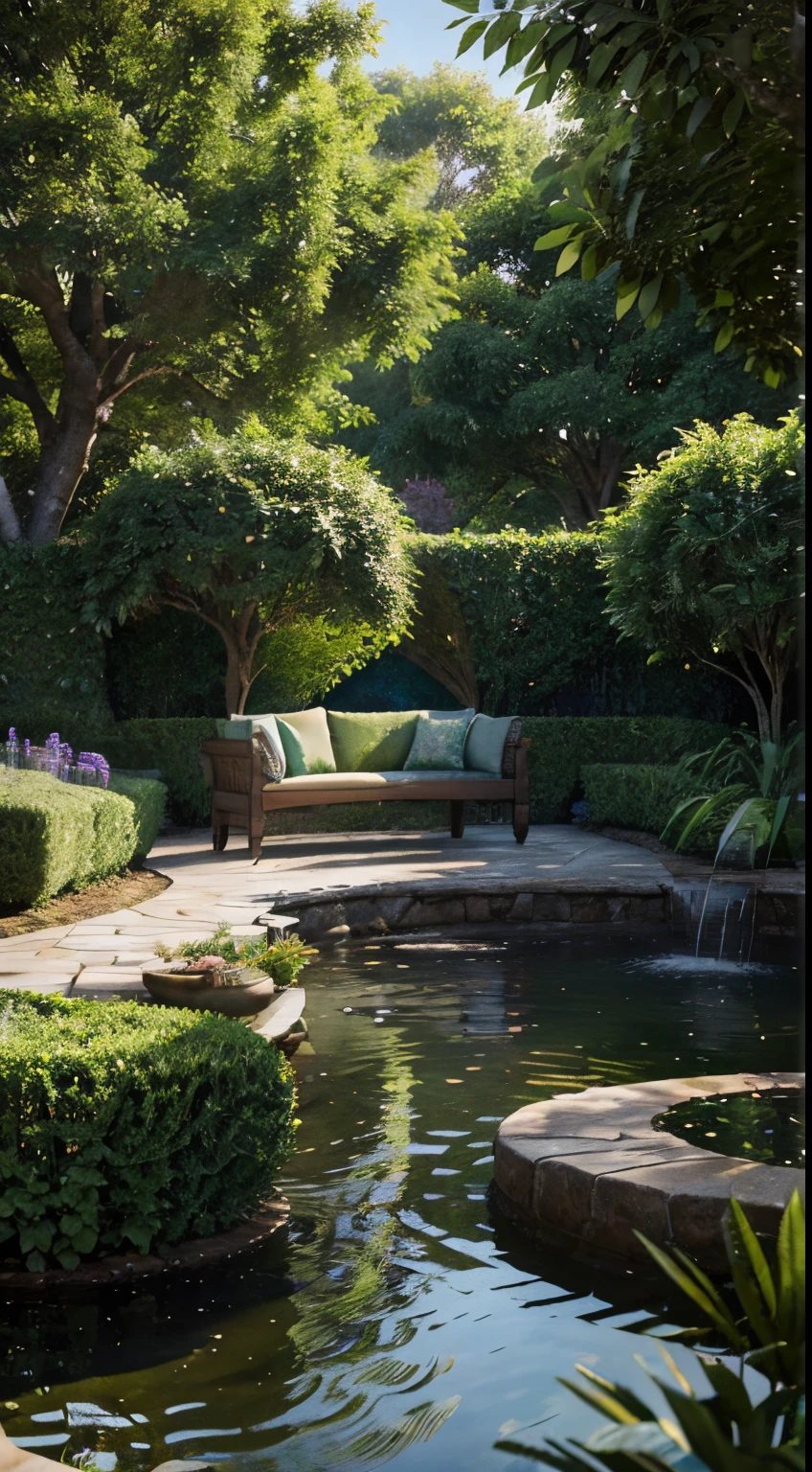 "Create a breathtaking garden sanctuary with a luxurious mahmal sofa that boasts intricate design and highly detailed textures. The garden should be rendered in hyper-realistic detail, with cinematic lighting that highlights every intricate detail in the plants and the water. The scene should be captured in UHD 3D with a Vray render, and feature photorealistic visuals that transport the viewer to this tranquil oasis. The garden should be surrounded by majestic trees that filter the sunlight, creating a natural HDR effect. The resulting image should be a stunning 8K masterpiece that invites the viewer to escape into this world of serene beauty and relaxation."