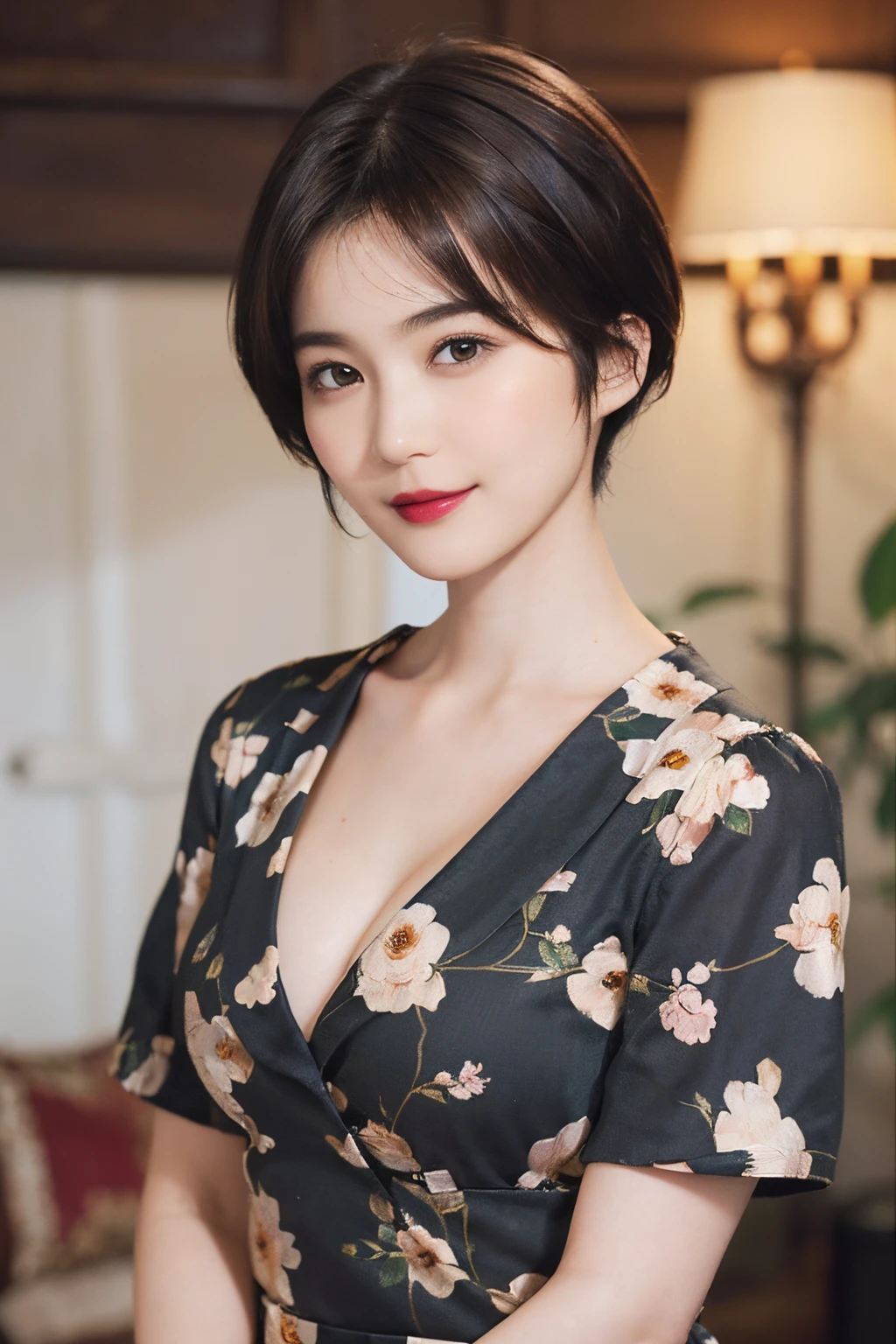 129
(a 20 yo woman, Standing), (A hyper-realistic), (high-level image quality), ((beautiful hairstyle 46)), ((short-hair:1.46)), (Gentle smile), (breasted:1.1), (lipsticks), (Large room), (florals), (Painterly)