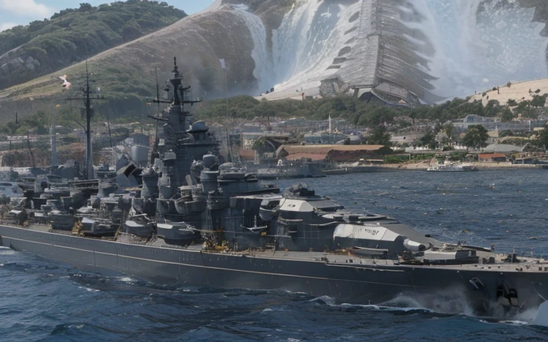 Close-up of a large battleship on the water, warships, Realistic warship design, battleship, warships, very detailed nipples, hyper-high detail, The very detailed, hyper-high detail, the ultra-detailed!, ultra - detailed, Very very high detailed, naval background, RB 6 s, RB6S, the ultra-detailed, hyper-high detail