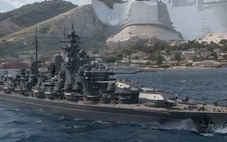 Close-up of a large battleship on the water, warships, Realistic warship design, battleship, warships, very detailed nipples, hyper-high detail, The  very detailed, hyper-high detail, the ultra-detailed!, ultra - detailed, Very very high detailed, naval background, RB 6 s, RB6S, the ultra-detailed, hyper-high detail