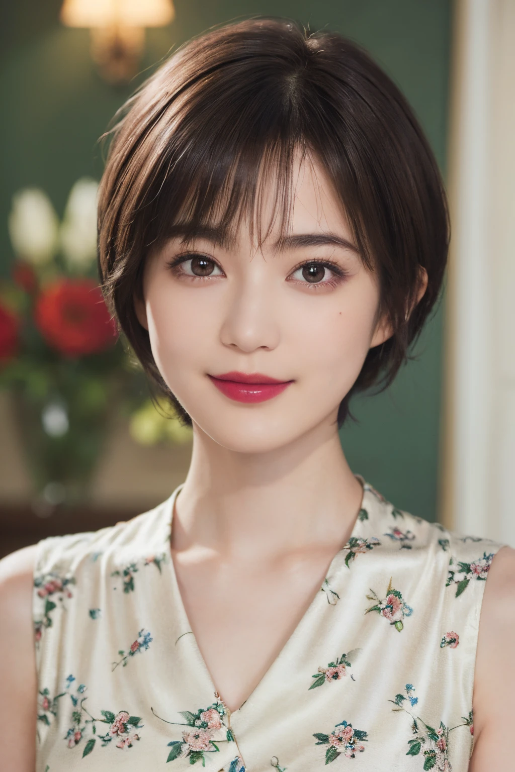 129
(a 20 yo woman, Standing), (A hyper-realistic), (high-level image quality), ((beautiful hairstyle 46)), ((short-hair:1.46)), (Gentle smile), (breasted:1.1), (lipsticks), (Large room), (florals), (Painterly)