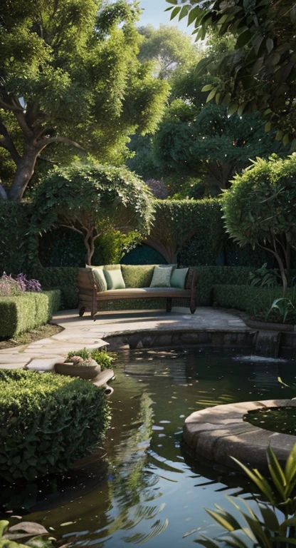 "Create a breathtaking garden sanctuary with a luxurious mahmal sofa that boasts intricate design and highly detailed textures. The garden should be rendered in hyper-realistic detail, with cinematic lighting that highlights every intricate detail in the plants and the water. The scene should be captured in UHD 3D with a Vray render, and feature photorealistic visuals that transport the viewer to this tranquil oasis. The garden should be surrounded by majestic trees that filter the sunlight, creating a natural HDR effect. The resulting image should be a stunning 8K masterpiece that invites the viewer to escape into this world of serene beauty and relaxation."