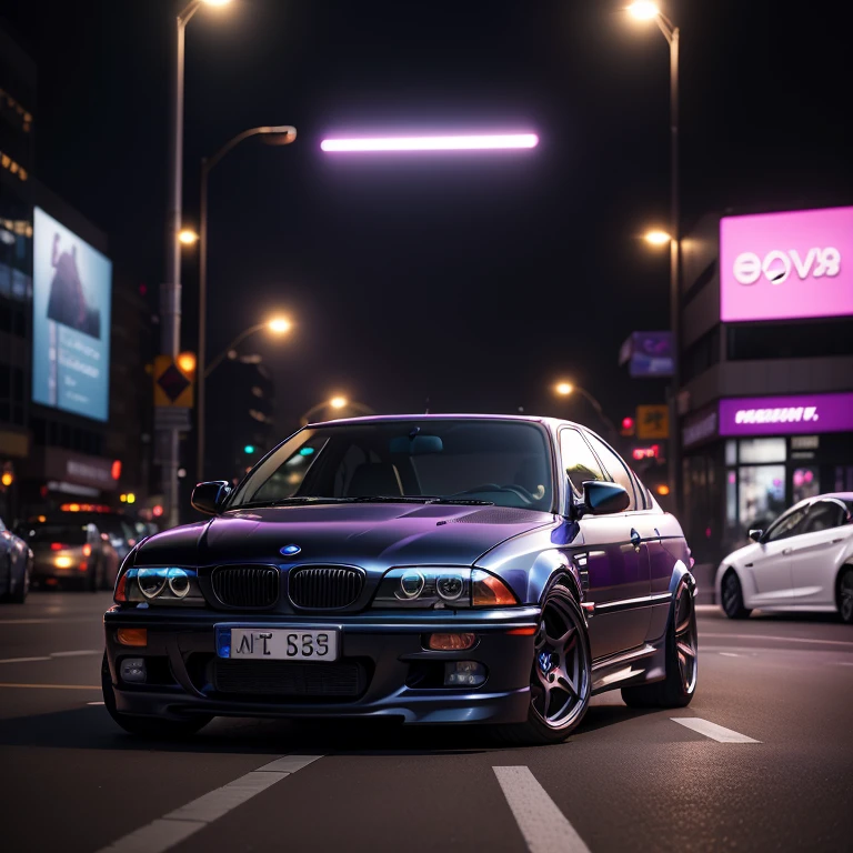 dark purple bmw e46 in a neon city at night, shot with a sony mirrorless, 35mm, photography, cinematic, anti-aliasing, CGI,