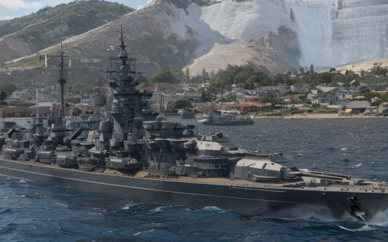 Close-up of a large battleship on the water, warships, Realistic warship design, battleship, warships, Very meticulous, hyper-high detail, very detailed nipples, hyper-high detail, the ultra-detailed!, ultra - detailed, Very very high detailed, naval background, RB 6 s, RB6S, the ultra-detailed, hyper-high detail