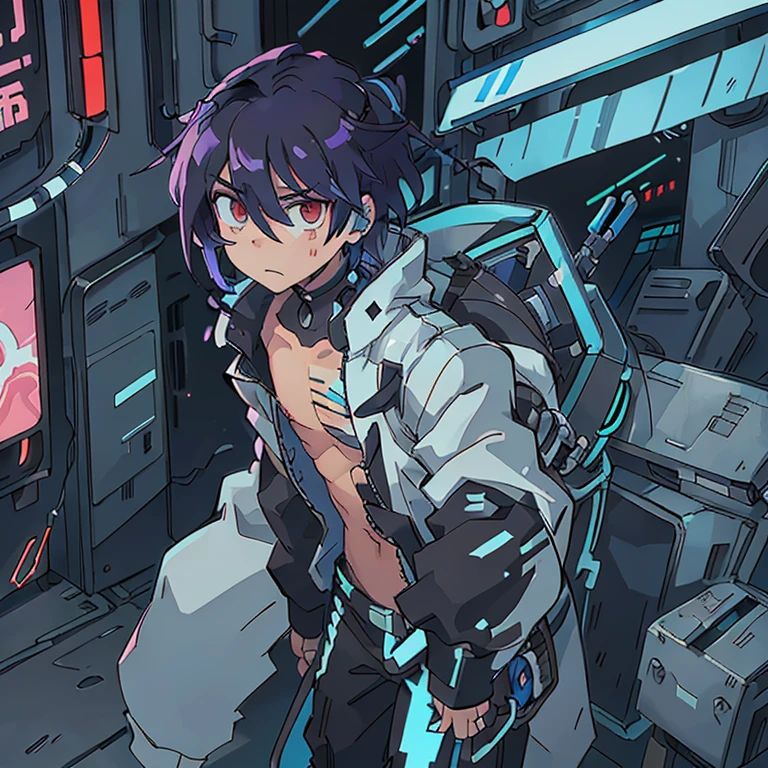 An anime boy cyborg, scanning things with his slightly-glowing eyes. His face and body look normal, but are segmented because they're actually cybernetic parts. His hair is covered in robotic parts. Wears a jacket, but its sleeves are up. In a cyberpunk city.