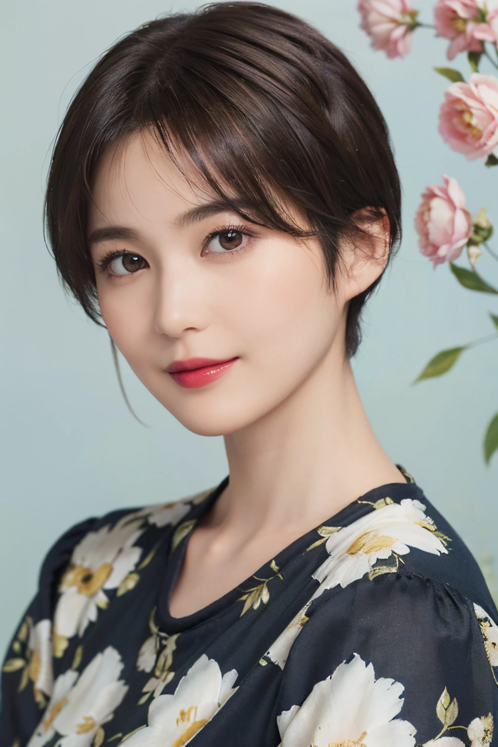 129
(a 20 yo woman, Standing), (A hyper-realistic), (high-level image quality), ((beautiful hairstyle 46)), ((short-hair:1.46)), (Gentle smile), (breasted:1.1), (lipsticks), (Large room), (florals), (Painterly)