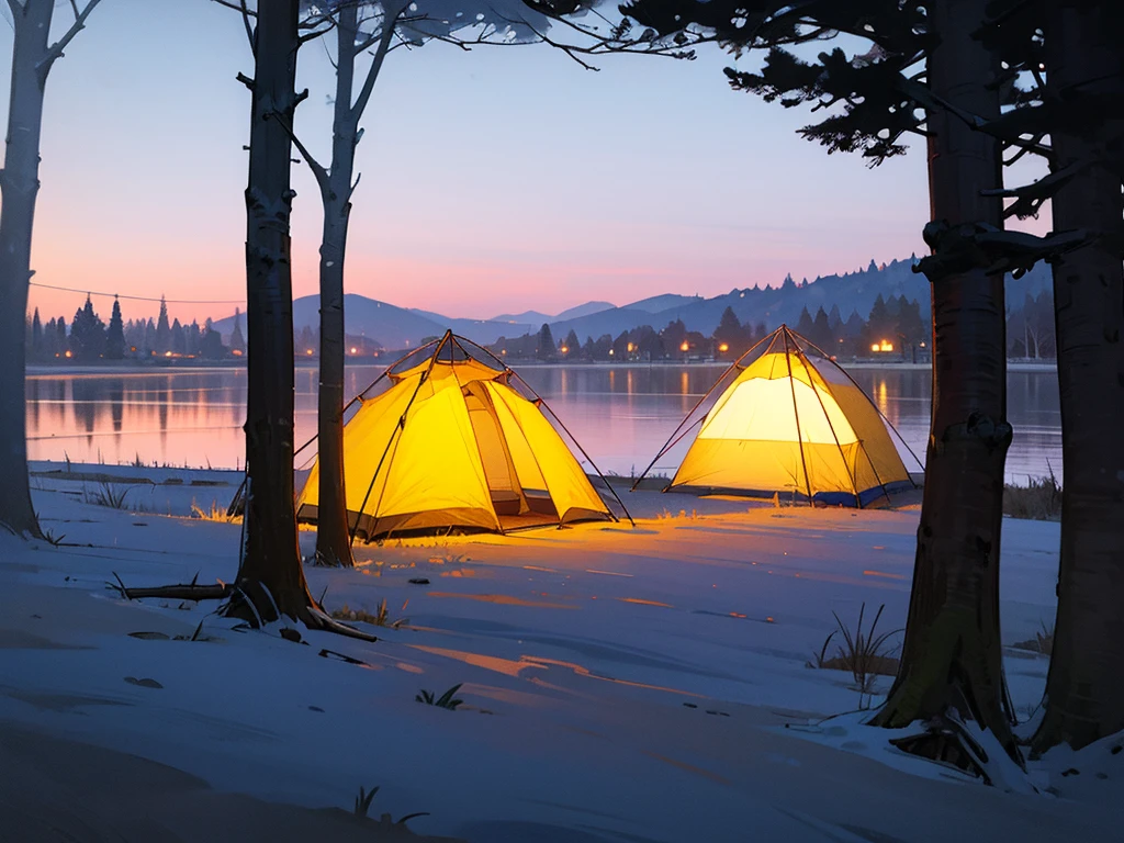 Campsite, By the lake, winter, morning glow, The tent2One