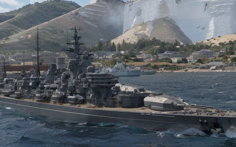 Close-up of a large battleship on the water, warships, Realistic warship design, battleship, warships, Very meticulous, hyper-high detail, Very meticulous, hyper-high detail, the ultra-detailed!, ultra - detailed, Very very high detailed, naval background, RB 6 s, RB6S, the ultra-detailed, hyper-high detail