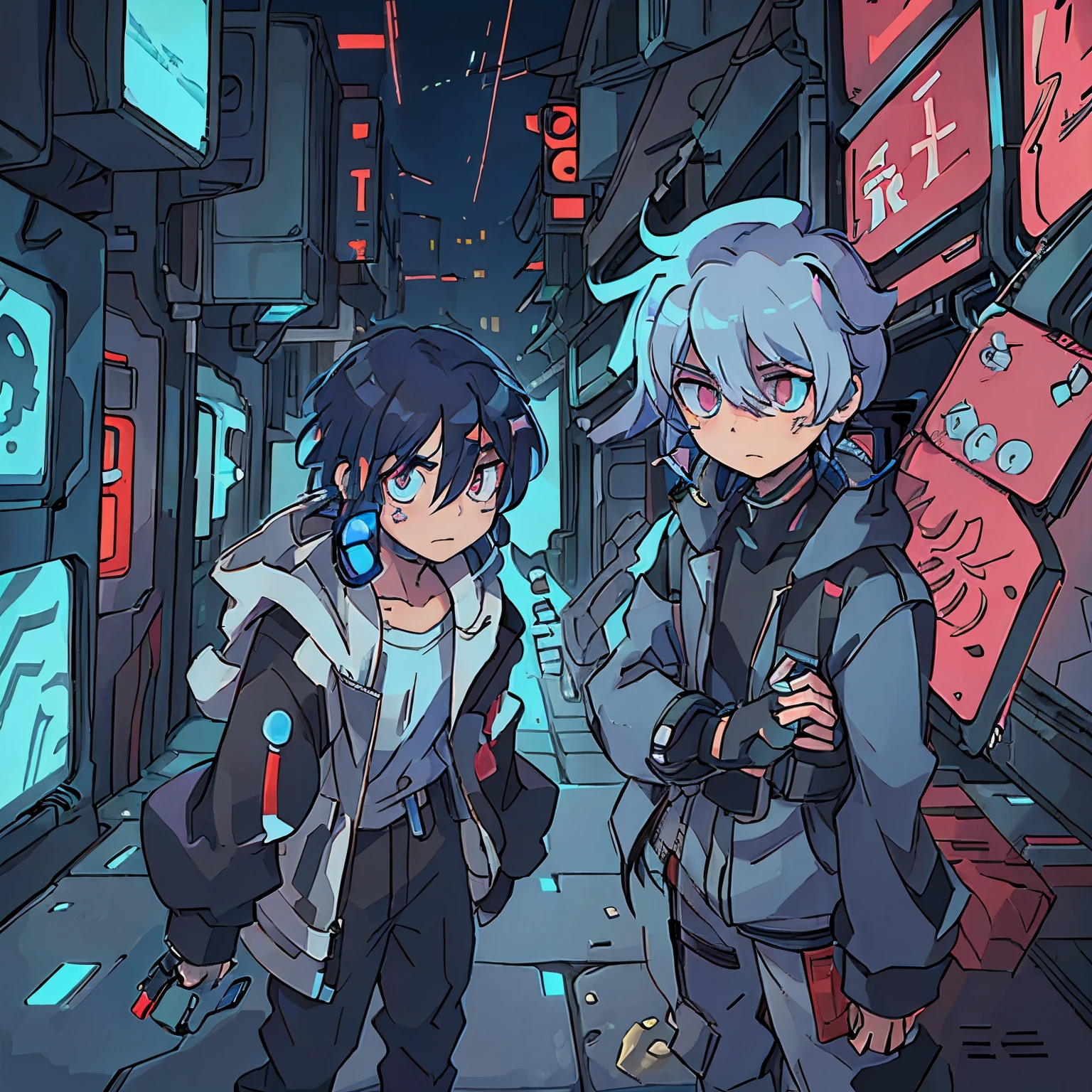 An anime boy cyborg, scanning things with his slightly-glowing eyes. His face and body look normal, but are segmented because they're actually cybernetic parts. His hair is covered in robotic parts. Wears a jacket, but its sleeves are up. In a cyberpunk city.