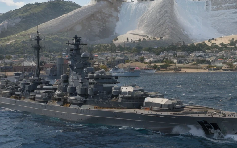 Close-up of a large battleship on the water, warships, Realistic warship design, battleship, warships, Very meticulous, hyper-high detail, Very meticulous, hyper-high detail, the ultra-detailed!, ultra - detailed, Very very high detailed, naval background, RB 6 s, RB6S, the ultra-detailed, hyper-high detail