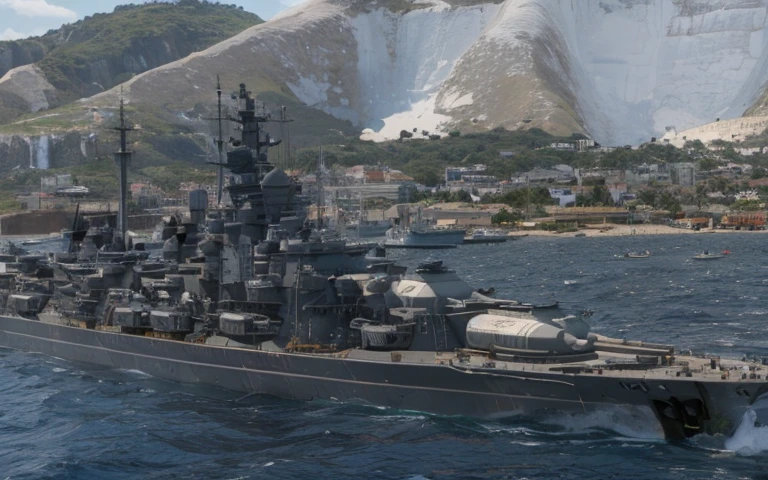 Close-up of a large battleship on the water, warships, Realistic warship design, battleship, warships, Very meticulous, hyper-high detail, Very meticulous, hyper-high detail, the ultra-detailed!, ultra - detailed, Very very high detailed, naval background, RB 6 s, RB6S, the ultra-detailed, hyper-high detail