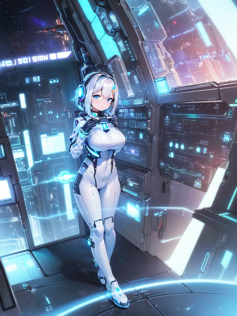 masterpiece:1.4, 1girl in ((20yr old, Wearing a futuristic white and silver costume, Tight Fit Bodysuit, long boots, Very gigantic-breasts, Multicolored blonde hair, a short bob, Perfect model body, Blue eyes:1.2, Wearing headphones, Looking out the window of the futuristic sci-fi space station、While admiring the beautiful galaxy:1.2, SFSF control room on night background:1.1, Neon and energetic atmosphere:1.2)) ((Galaxy))