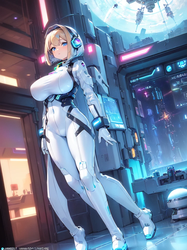 masterpiece:1.4, 1girl in ((20yr old, Wearing a futuristic white and silver costume, Tight Fit Bodysuit, long boots, Very gigantic-breasts, Multicolored blonde hair, a short bob, Perfect model body, Blue eyes:1.2, Wearing headphones, Looking out the window of the futuristic sci-fi space station、While admiring the beautiful galaxy:1.2, SFSF control room on night background:1.1, Neon and energetic atmosphere:1.2)) ((Galaxy))