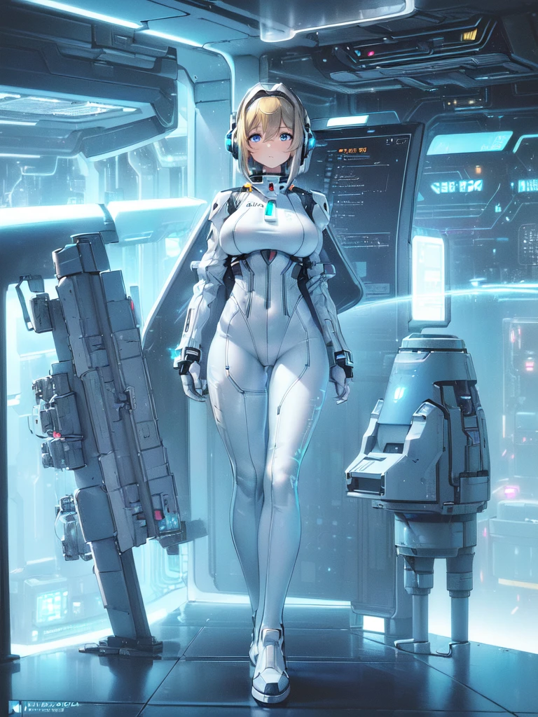 ​masterpiece:1.4, 1girl in ((20yr old, Wearing a futuristic white and silver costume, Tight Fit Bodysuit, long boots, Very gigantic-breasts, Multicolored blonde hair, a short bob, Perfect model body, Blue eyes:1.2, Wearing headphones, Looking out the window of the futuristic sci-fi space station、While admiring the beautiful galaxy:1.2, SFSF control room on night background:1.1, Neon and energetic atmosphere:1.2)) ((Galaxy))