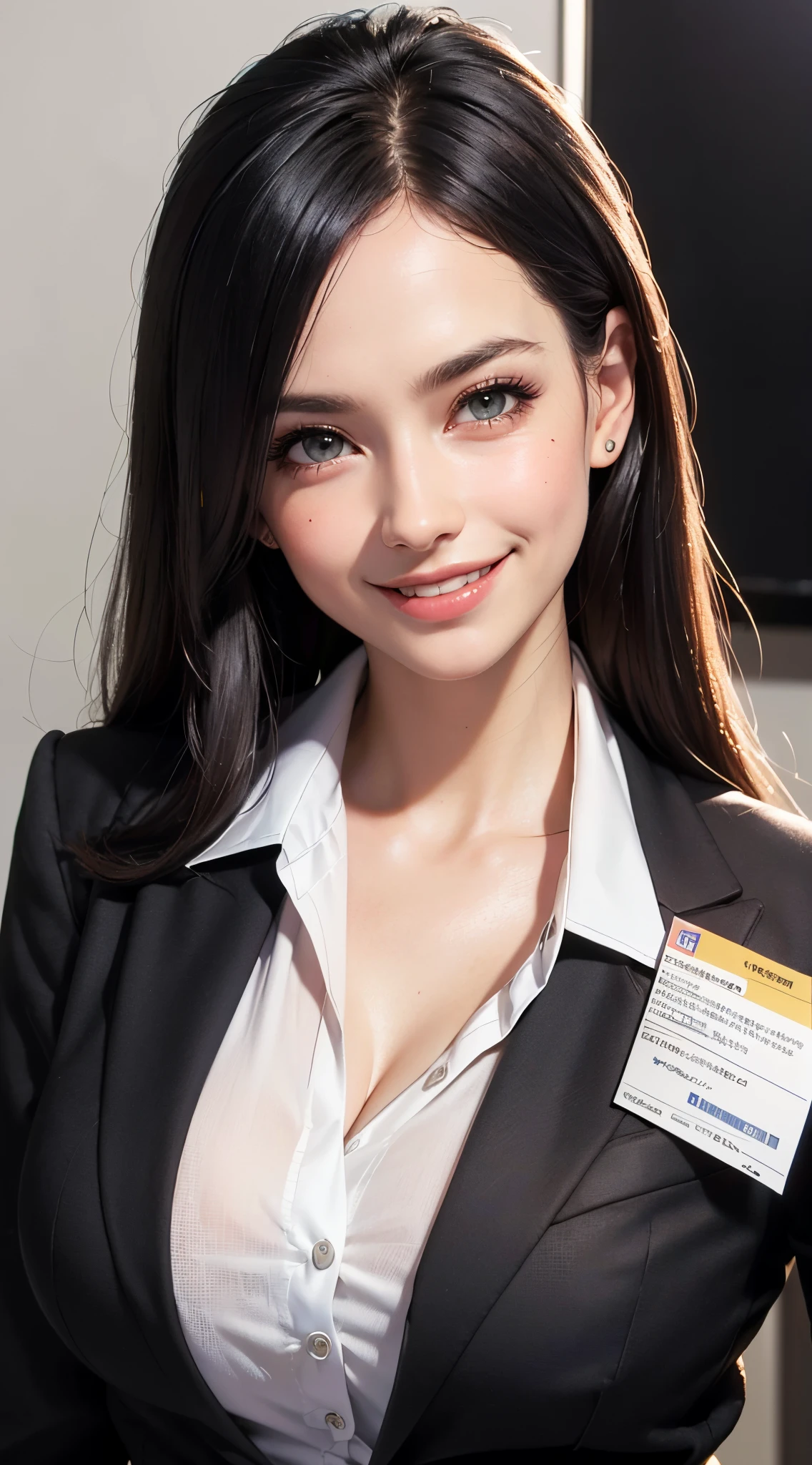 (UHD, retina, masterpiece, ccurate, anatomically correct, textured skin, super detail, high details, high quality, best quality, highres, 1080P, HD, 4K, 8k, 16k), (beautiful detailed eyes, beautiful detailed lips, extremely detailed eyes and face), studio lighting, physically-based rendering, vivid colors, (tits, super big tits, super extra big tits, glamorous body), (black color, business skirt suit, business shirt:1.5), (portrait, shiny hair, shiny skin), (bokeh), (tilt your head to the side:1.5), eye reflection, (blush, smile and laugh:1.5),