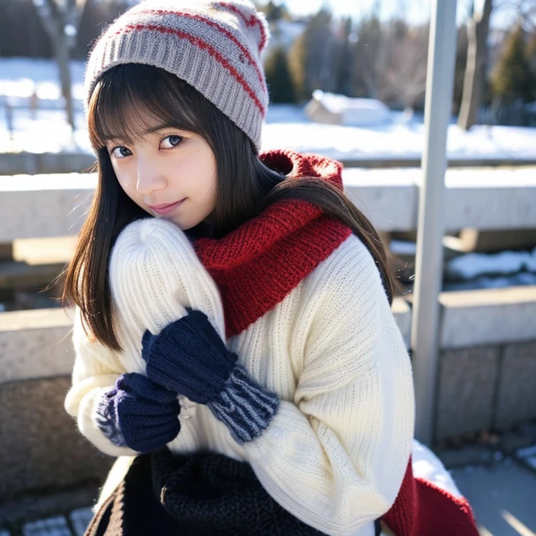 An ultra-high picture quality、Perfect Photo、 beautiful girl、Japan beautiful girl、hi-school girl、light skinned、slender、Black Haired Beautiful Girl、cute little、Beautuful Women、Forehead、brow、My nose turned red from the cold、(tiny chest)、breathe into your hands、((Nokezoru))、Colorful winter clothes、Wear a sweater、muffler、Knitted gloves、wool mini skirt、wool tights、No bangs、wear a knit cap deeply、((rampage))、((It hurts a lot))、(hate)、(Painful)、(resist)、(half-opened mouth)、(Resist fiercely)、terrifying、sports hair、Straight hair、glares、semi long hair、(Teary-eyed)、Winter scene、