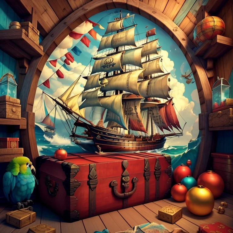 (cute pirate ship with treasure trunk and parrot) stylized identical to 1940 |)), acolchoamento ,multidimensional geometric wall PORTRAIT, arte, Chibi,
Yang016K, lindo,(( cor vermelha predominante, rosa e branco))
Primary works, qualidade superior, melhor qualidade, Arte Oficial, Lindo e Estetaduardo Kobra acolchoamento ,multidimensional geometric wall PORTRAIT, arte, Chibo,detalhes